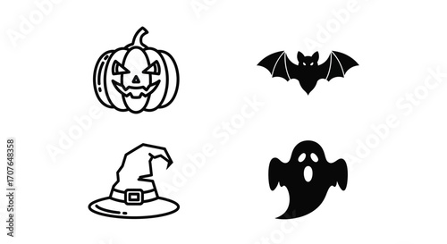 Haunted House, Witch Broom, Black Cat, and Cauldron Icon Illustration