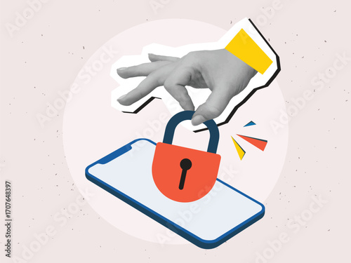 Black and white hand putting padlock on phone screen. Cyber ​​security and privacy concept. Modern photo collage style. Vector illustration