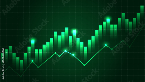 Glowing green financial chart with rising bar graph and line graph on dark grid background
