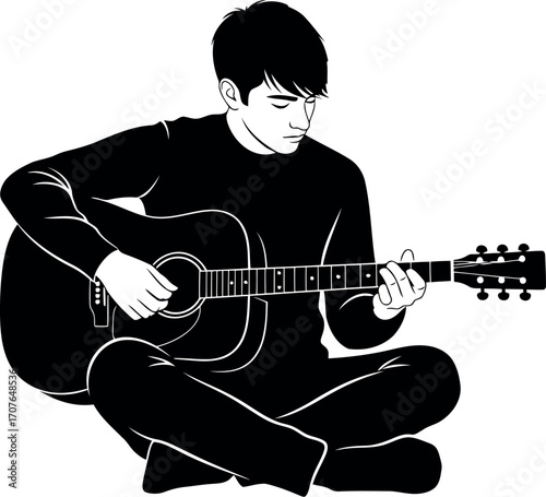 Vector art of young man sitting crosslegged playing acoustic guitar, transparent background
