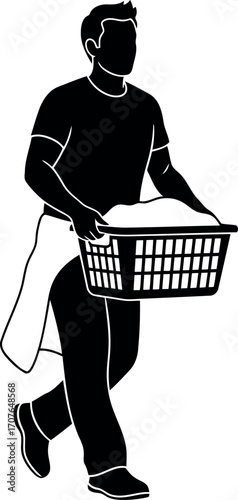 Vector art of man carrying a laundry basket full of clothes, transparent background