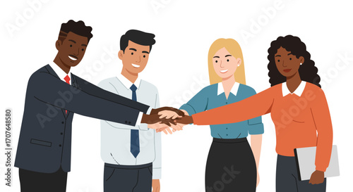A diverse group of four business colleagues stacking their hands together in a gesture of teamwork, unity, and successful collaboration.