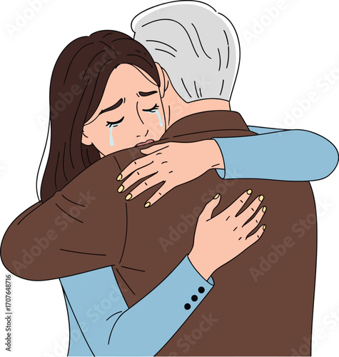 Young woman embraces older man with tears of sorrow and comfort