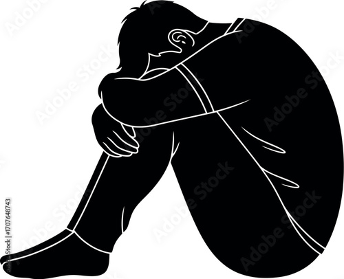 Vector art of silhouette of a man sitting with his knees hugged transparent background