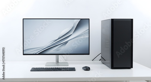 A modern desktop computer setup featuring a sleek monitor and tower on a clean white surface, ideal for home or office use