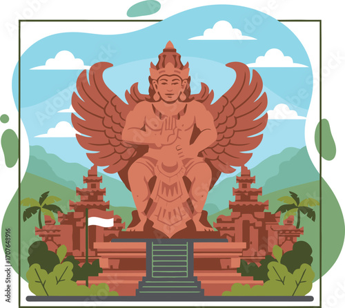  illustration features the Garuda Wisnu Kencana (GWK) statue, a prominent cultural landmark on Bali Island