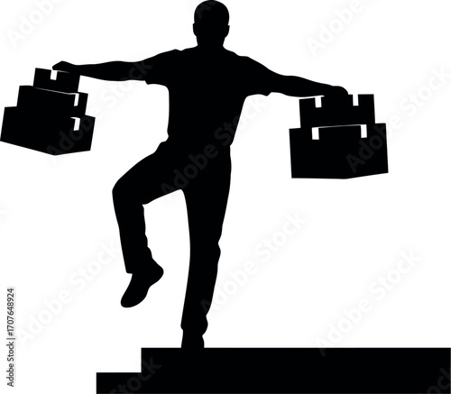 Vector art of silhouette of a man carrying boxes, balancing on stairs, transparent background