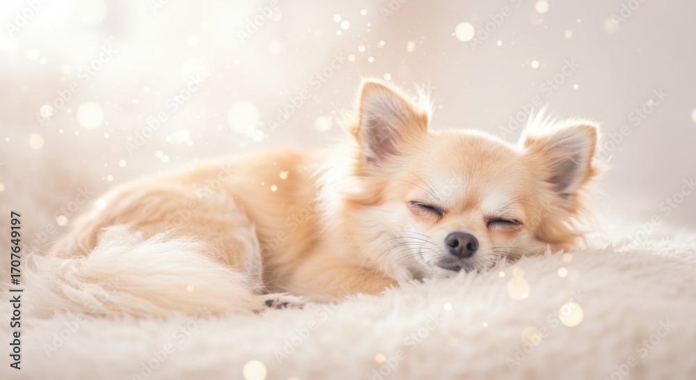 Obraz premium Sleeping Chihuahua dog resting on soft blanket with soft light