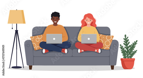 A diverse couple, a Black man and a white woman, sit together on a couch working on their laptops in a cozy living room.