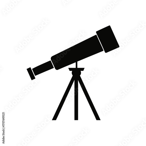 Black silhouette of a telescope on tripod on transparent background
