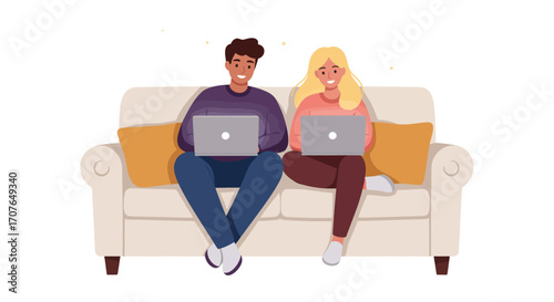 A happy young couple, a man and a woman, sitting on a couch together, each working on their own laptop computer.