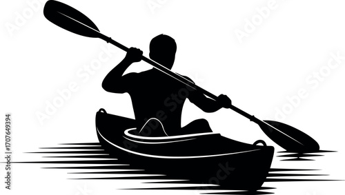 Vector art of silhouette of a person kayaking on water with a paddle on a transparent background