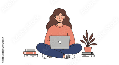 Illustration of a young woman sitting cross-legged with a laptop, surrounded by books and a potted plant.