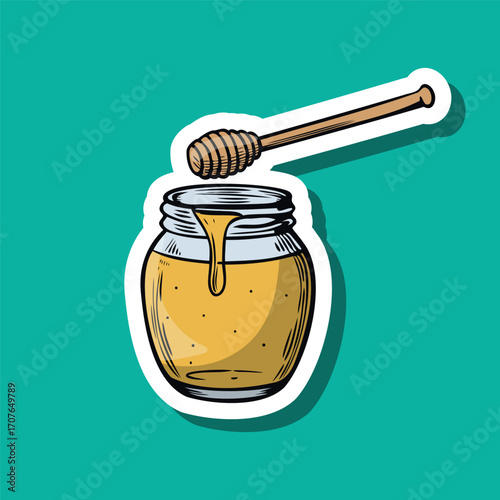 A jar of honey with a wooden dipper resting on top. The honey is golden and viscous, set against a bright turquoise background.