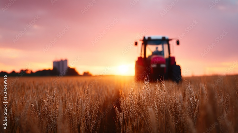 Fototapeta premium Golden wheat field with a blurred red tractor under a vibrant orange and pink sunset sky