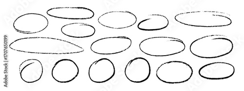 Black doodle circle and oval frames. Hand drawn marker ellipses and rough sketch highlight shapes. Freehand crayon round outline vector elements isolated on white background