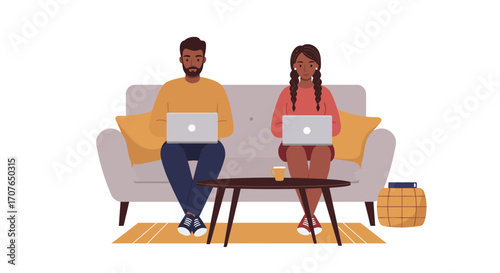 A young man and woman sit together on a comfortable sofa, each focused on their own laptop computer in a modern living room.