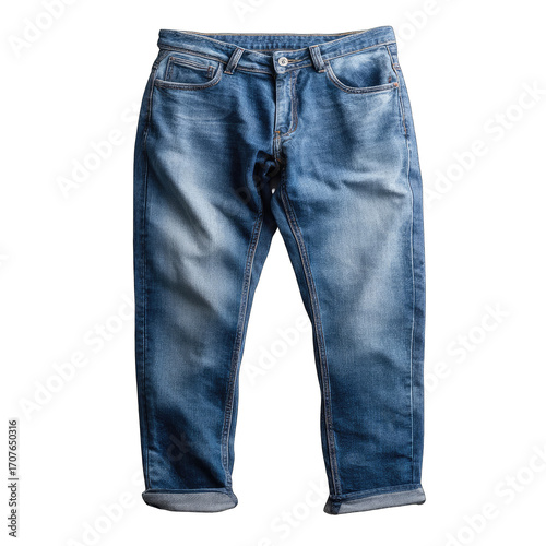 Light-wash denim jeans, front view