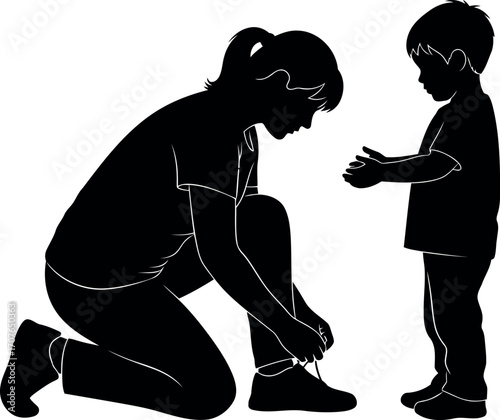 Vector art of mother tying shoelaces for her child, silhouette transparent background