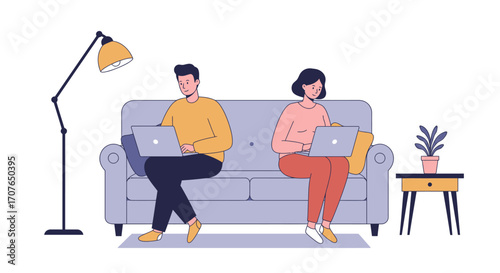 A man and a woman working remotely on their laptops while sitting on a sofa in a modern living room.