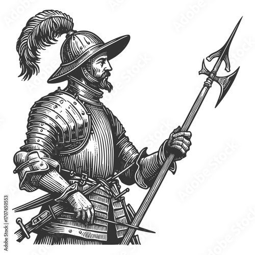 soldier in plate armor holding a halberd, wearing a feathered hat and belt sketch engraving generative ai fictional character vector illustration. Scratch board imitation. Black and white image.