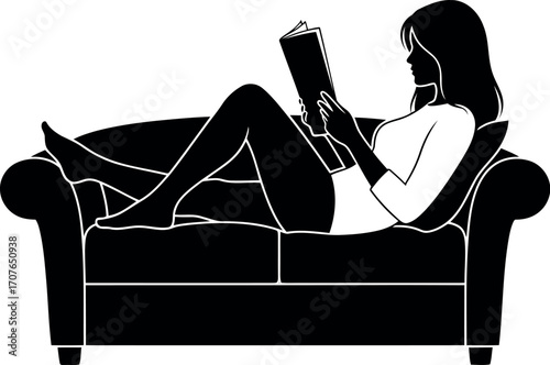Vector art of silhouette of a woman reading a book while relaxing on a couch, transparent background