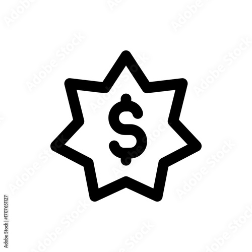 Illustration of a black dollar sign centered within a star shape with pointed edges on a white background