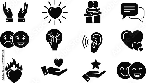 Empathy icons, emotional support, mental health care, listening symbols, communication vector, human connection, compassion graphic, love and kindness