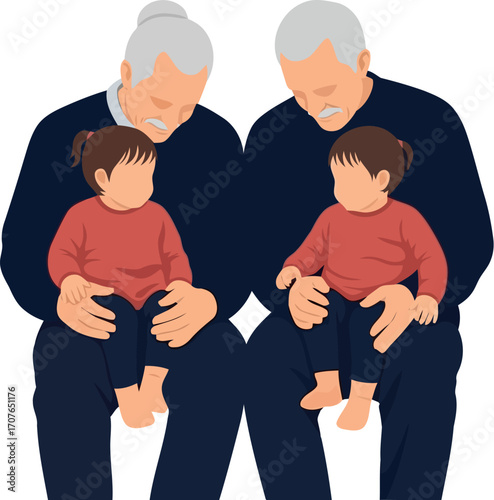 Vector art of two grandfathers holding their grandchildren, transparent background
