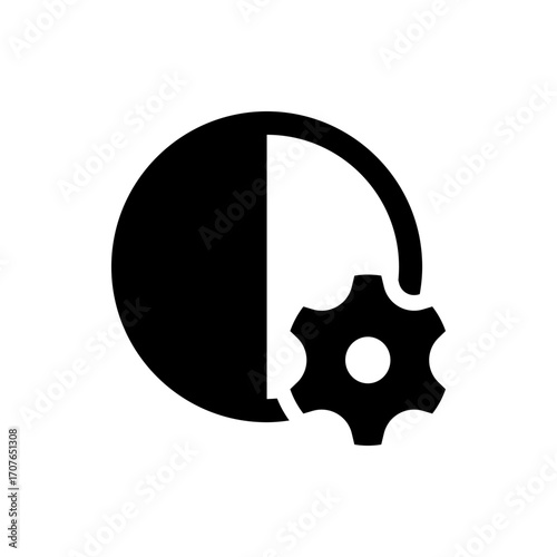 Black circle with a partial ring around it and a black gear icon overlapping the lower right portion