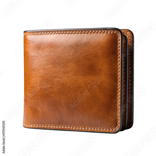 Tan leather bifold wallet, close-up