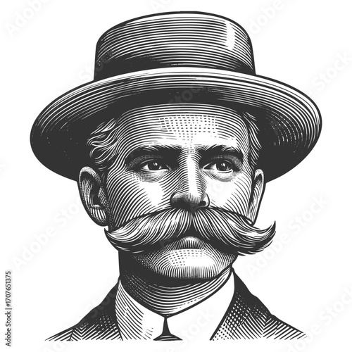 Victorian-era gentleman wearing a bowler hat and suit, with a large curled mustache sketch engraving generative ai vector illustration. Scratch board imitation. Black and white image.