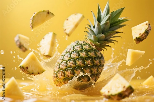Pineapple juice with fresh fruits on white background