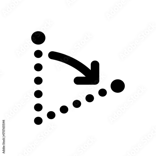 Black arrow curving downward and rightward from a vertical line of dots to a diagonal line of dots