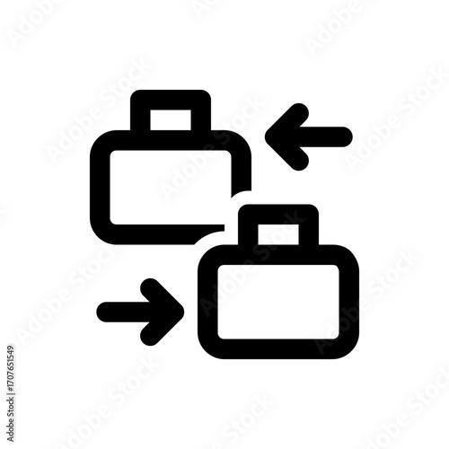 Two suitcases with arrows pointing towards each other in a simple black and white illustration style
