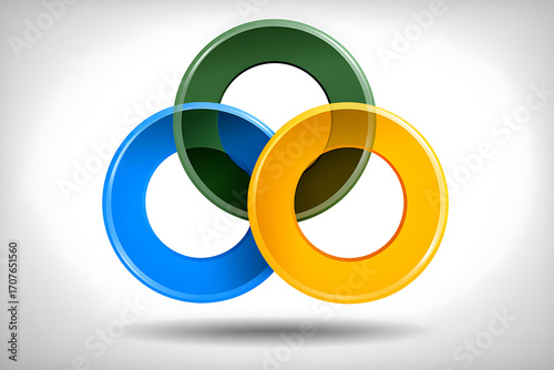 Minimalist three-color circular diagram with green, blue, and yellow geometric shapes on a white background, flat design with clear lines, symmetrical layout showing interaction