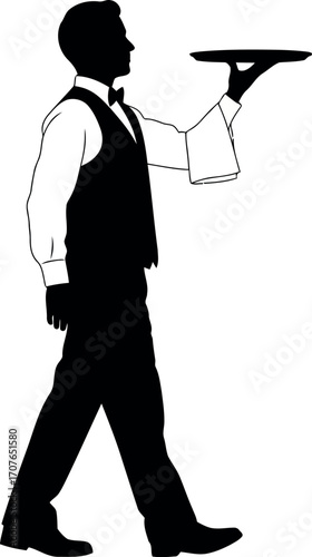Vector art of silhouette of a waiter in a vest and bow tie carrying a tray, transparent background