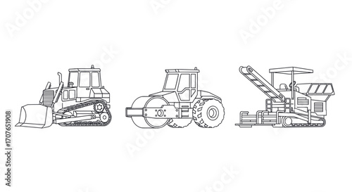 Line art illustration of construction vehicles: bulldozer, roller, and paver.