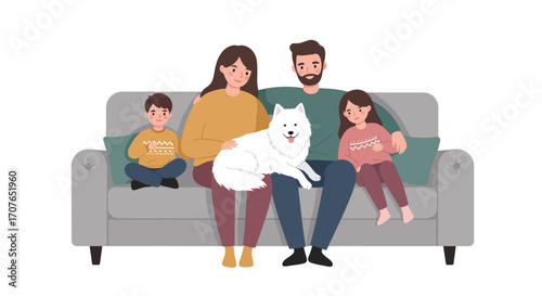 A happy cartoon family with two children and a fluffy white dog sitting together on a grey sofa.