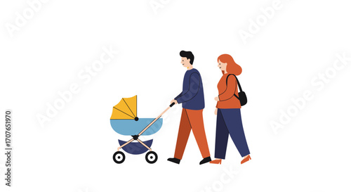 A young couple with a baby in a stroller walking together, representing family and parenthood.