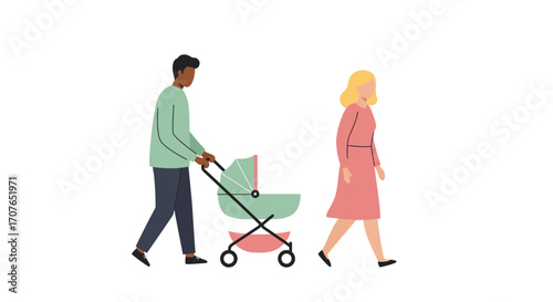 A diverse couple, a Black man and a white woman, walk together while the man pushes their baby in a stroller.