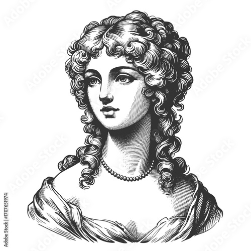 18th century woman portrait with curly hair sketch engraving generative ai fictional character vector illustration. Scratch board imitation. Black and white image.