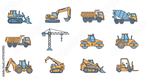 A collection of twelve construction vehicle icons, including a bulldozer, excavator, dump truck, and crane.