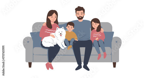 A happy family with a mother, father, son, and daughter sitting together on a couch with their pet dog.