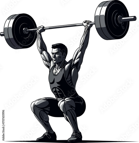 Vector art of man lifting heavy barbell overhead in a squat position, transparent background