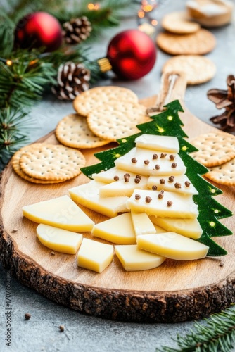 Festive holiday cheese board with christmas tree and crackers on rustic wooden table