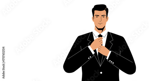 Vector illustration of a confident businessman in a black suit adjusting his tie against a white background.