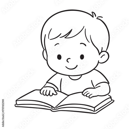 line drawing of cute little kid reading a book