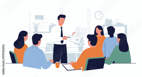 A manager in a modern office environment presenting a document to his team during a business meeting or training session.