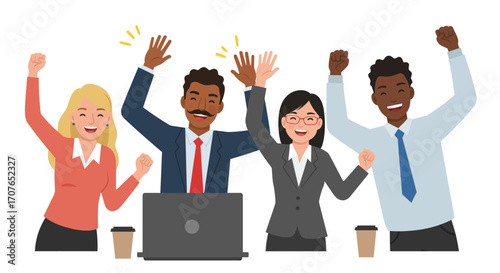 A diverse team of happy business colleagues celebrating success, cheering with hands up around a laptop.